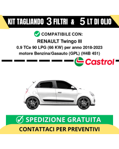 Tagliando per RENAULT Twingo III 0.9 TCe 90 LPG 66 kw Benzina/Gasauto (GPL) 2018-2024 - 5 Lt di CASTROL + 3 Filtri