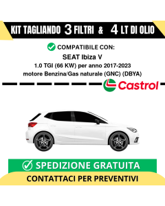 Tagliando per SEAT Ibiza V 1.0 TGI 66 kw Benzina/Gas naturale (GNC) 2017-2024 - 4 Lt di CASTROL + 3 Filtri