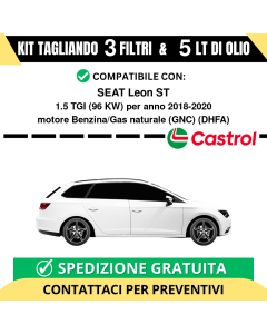 Tagliando per SEAT Leon ST 1.5 TGI 96 kw Benzina/Gas naturale (GNC) 2018-2020 - 5 Lt di CASTROL + 3 Filtri