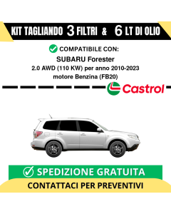 Tagliando per SUBARU Forester 2.0 AWD 110 kw Benzina 2010-2024 - 6 Lt di CASTROL + 3 Filtri