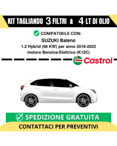 Tagliando per SUZUKI Baleno 1.2 Hybrid 66 kw Benzina/Elettrico 2016-2024 - 4 Lt di CASTROL + 3 Filtri