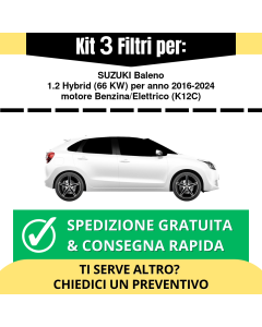 Kit 3 Filtri Tagliando per SUZUKI Baleno 1.2 Hybrid 66 kw Benzina/Elettrico 2016-2024