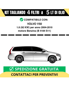 Tagliando per VOLVO V50 1.8 92 kw Benzina 2004-2010 - 5 Lt di olio + 4 Filtri