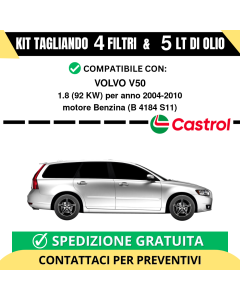 Tagliando per VOLVO V50 1.8 92 kw Benzina 2004-2010 - 5 Lt di CASTROL + 4 Filtri