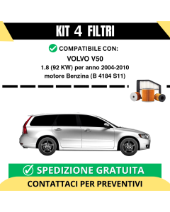 Kit 4 Filtri Tagliando per VOLVO V50 1.8 92 kw Benzina 2004-2010