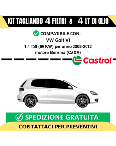 Tagliando per VW Golf VI 1.4 TSI 90 kw Benzina 2008-2012 - 4 Lt di CASTROL + 4 Filtri