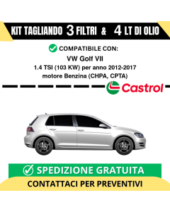 Tagliando per VW Golf VII 1.4 TSI 103 kw Benzina 2012-2017 - 4 Lt di CASTROL + 3 Filtri