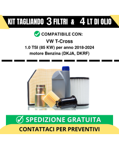 Tagliando per VW T-Cross 1.0 TSI 85 kw Benzina 2018-2024 - 4 Lt di olio + 3 Filtri