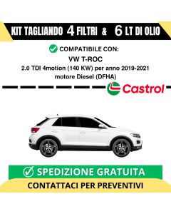 Tagliando per VW T-ROC 2.0 TDI 4motion 140 kw Diesel 2019-2021 - 6 Lt di CASTROL + 4 Filtri
