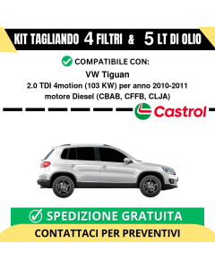 Tagliando per VW Tiguan 2.0 TDI 4motion 103 kw Diesel 2010-2011 - 5 Lt di CASTROL + 4 Filtri